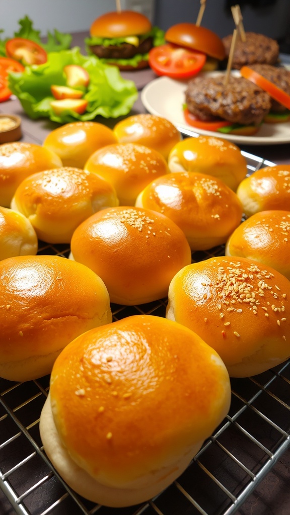 Freshly baked golden brown burger buns cooling on a wire rack, ready for assembling with toppings.